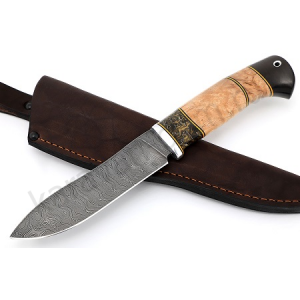 Нож Браконьер (дамаск, вставка акрил, карельская берёза, чёрный граб, фибра)
